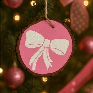 Pink and White Bow Holiday Ornament